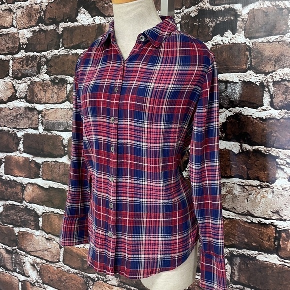 Caslon Top Button Shirt Plaid Red Blue XSP - Picture 4 of 12